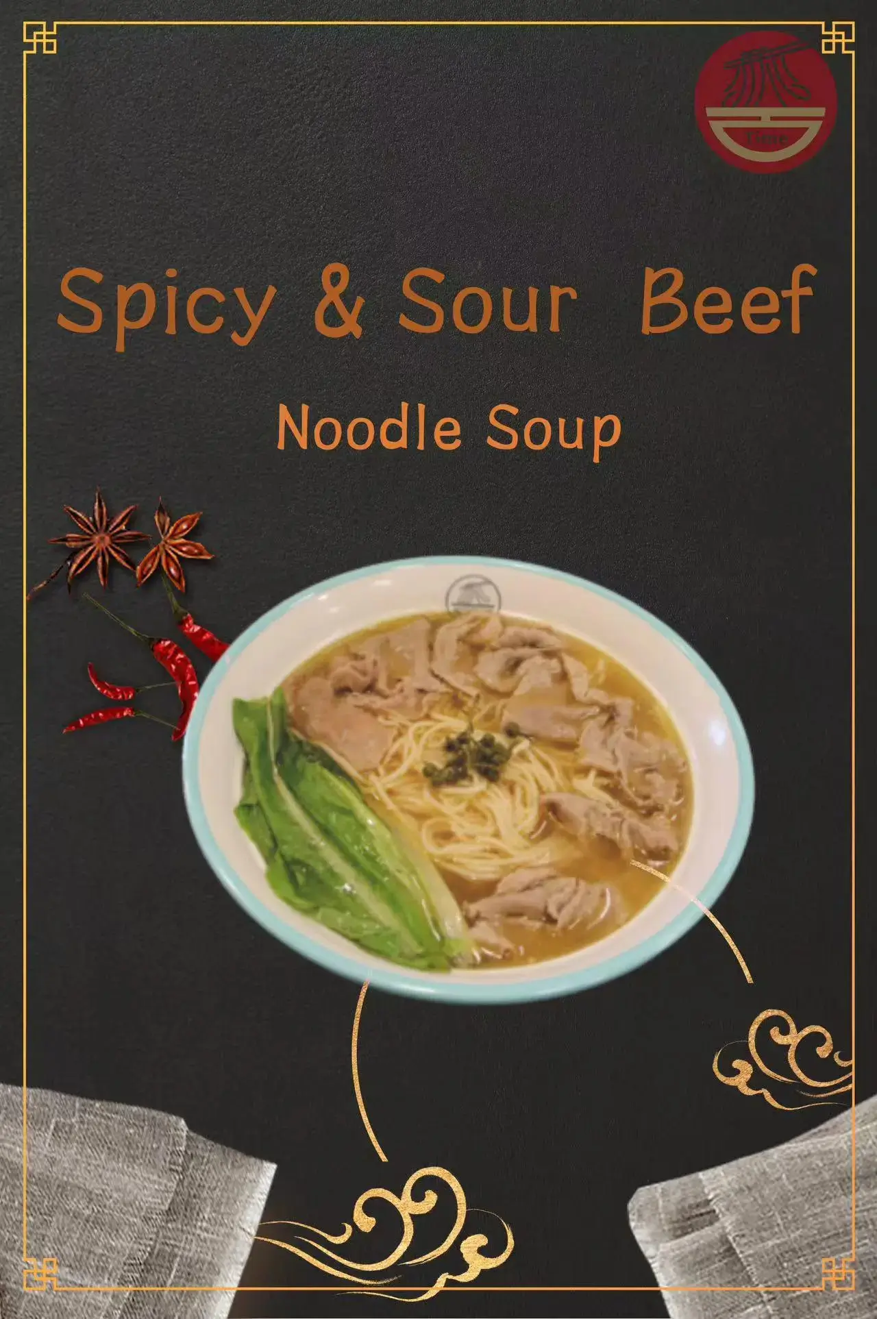 Noodle soup with spicy and sour beef broth, veggies and tender beef slices at Noodle Time, a Asian Fusion restaurant in Santa Cruz